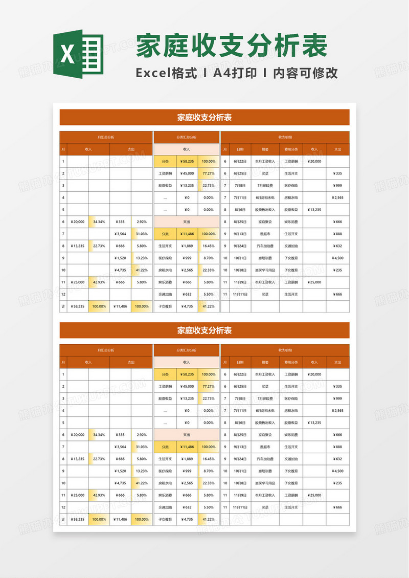 简洁家庭收支分析表excel模板