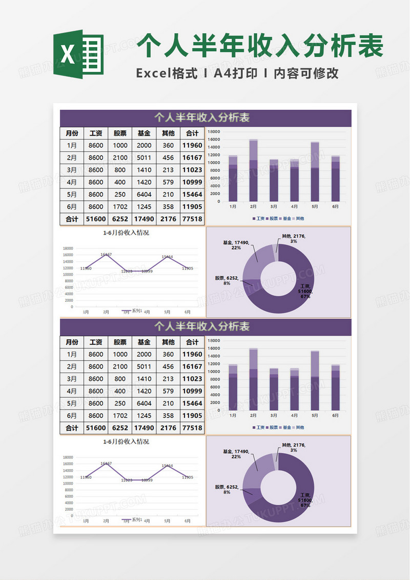 个人半年收入分析表excel模板