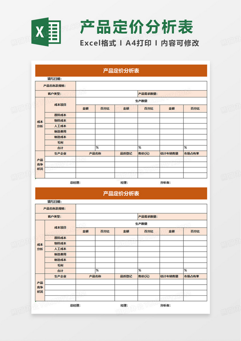 橙色产品定价分析表excel模板