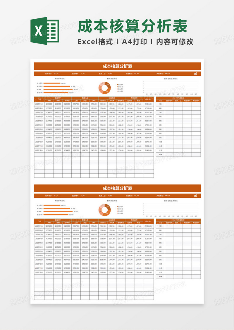 简洁通用实用成本核算分析表excel模板