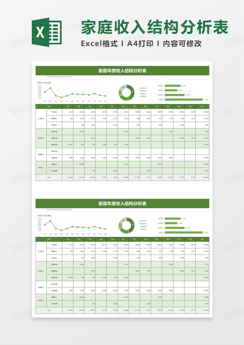 家庭年度收入结构分析表excel模板