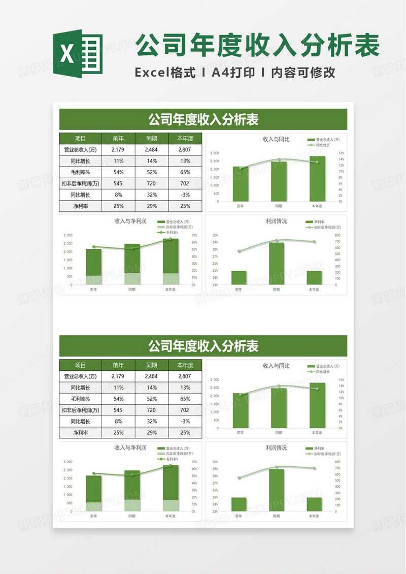 简洁年度收入分析表excel模板