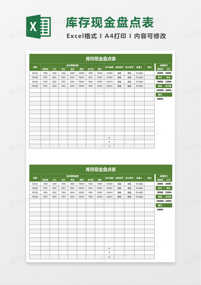 通用库存现金盘点表excel模板