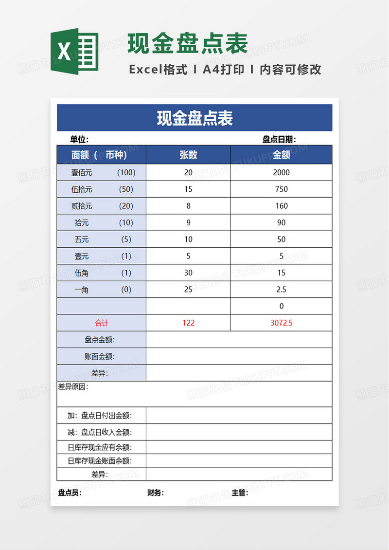 简单实用现金盘点表excel模板
