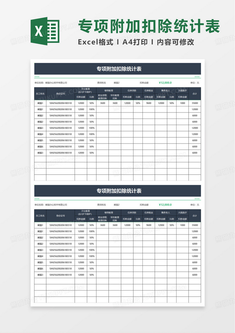 专项附加扣除统计表excel模板