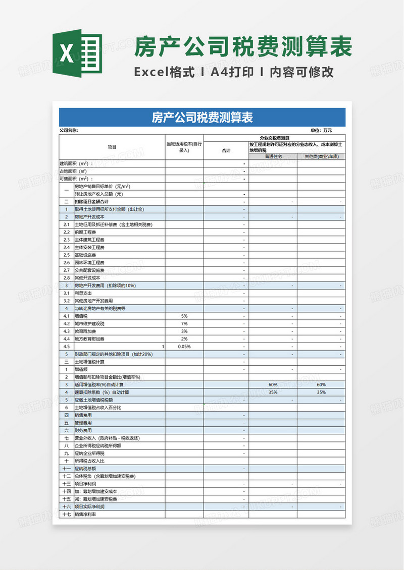 房产公司税费测算表excel模板