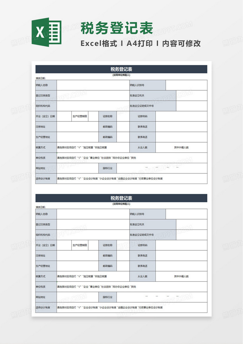 税务登记表excel模板