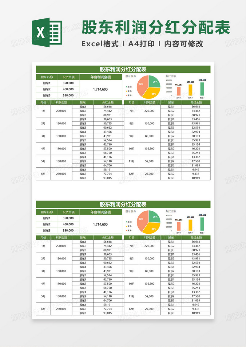 简洁通用商务股东利润分红分配表excel模板