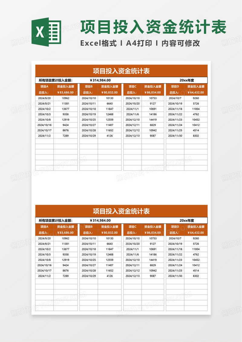 项目投入资金统计表excel模板
