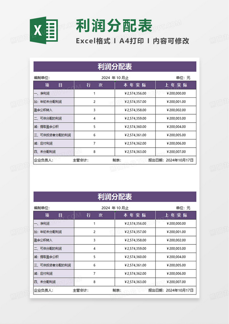简洁实用利润分配表excel模板