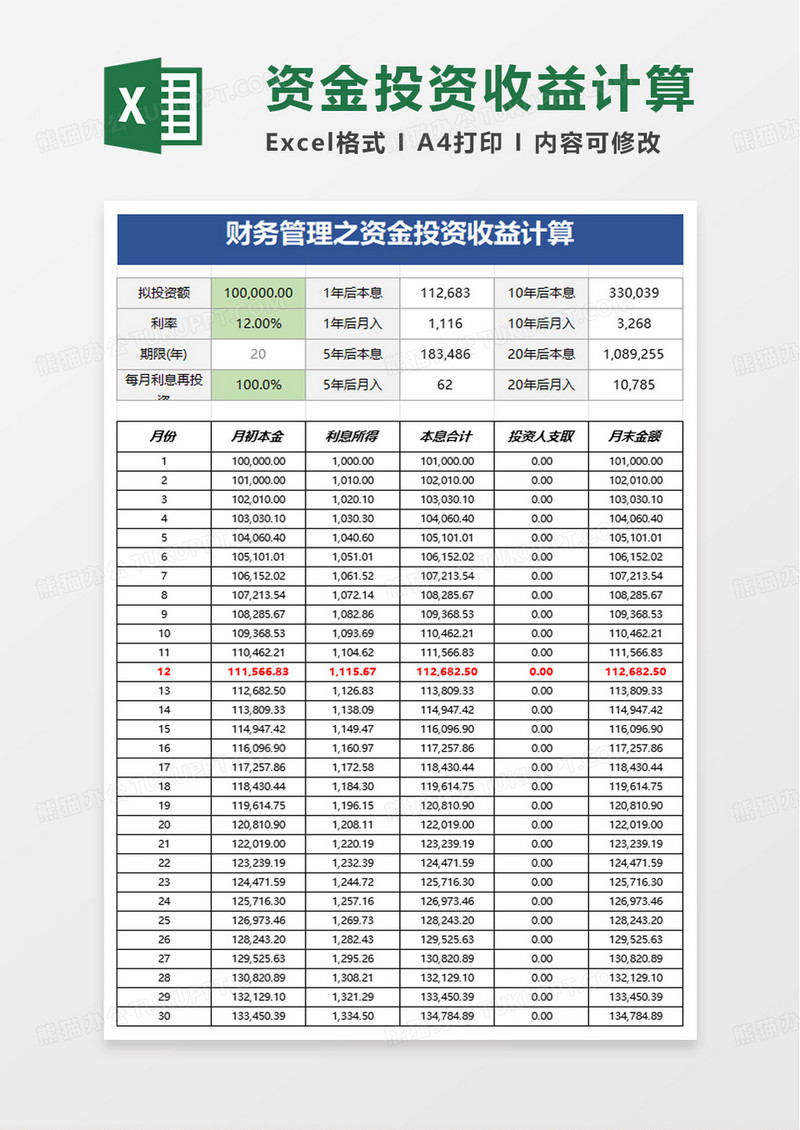 资金投资收益计算excel模板