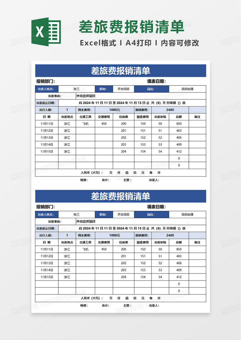 财务会计费用报销表excel模板