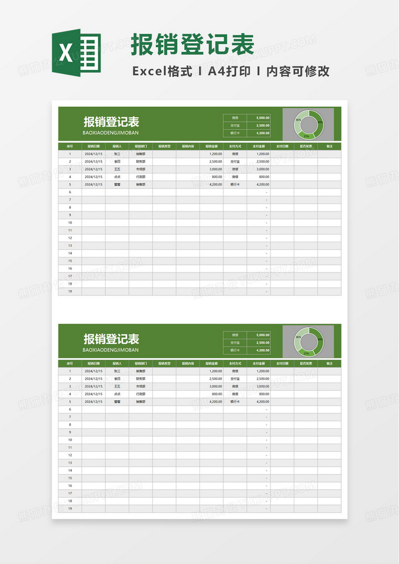 绿色通用报销登记表excel模板