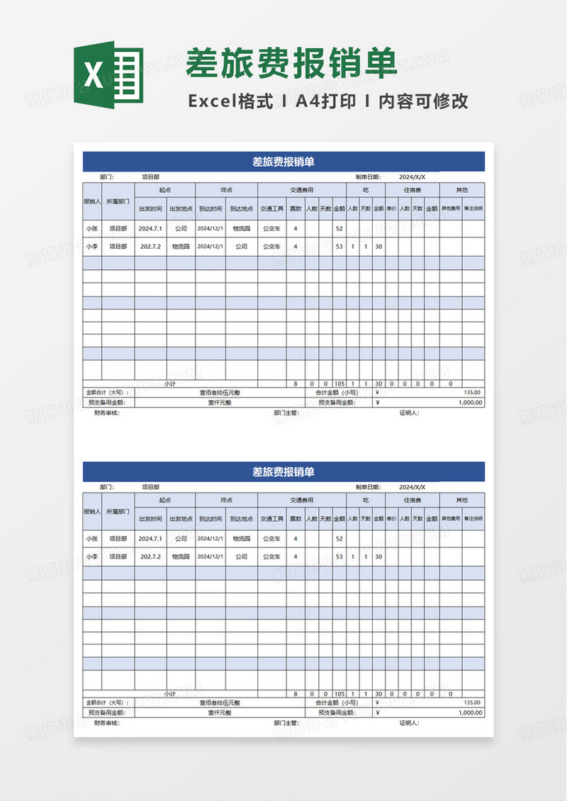 蓝色简洁财务管理差旅费报销单excel模板