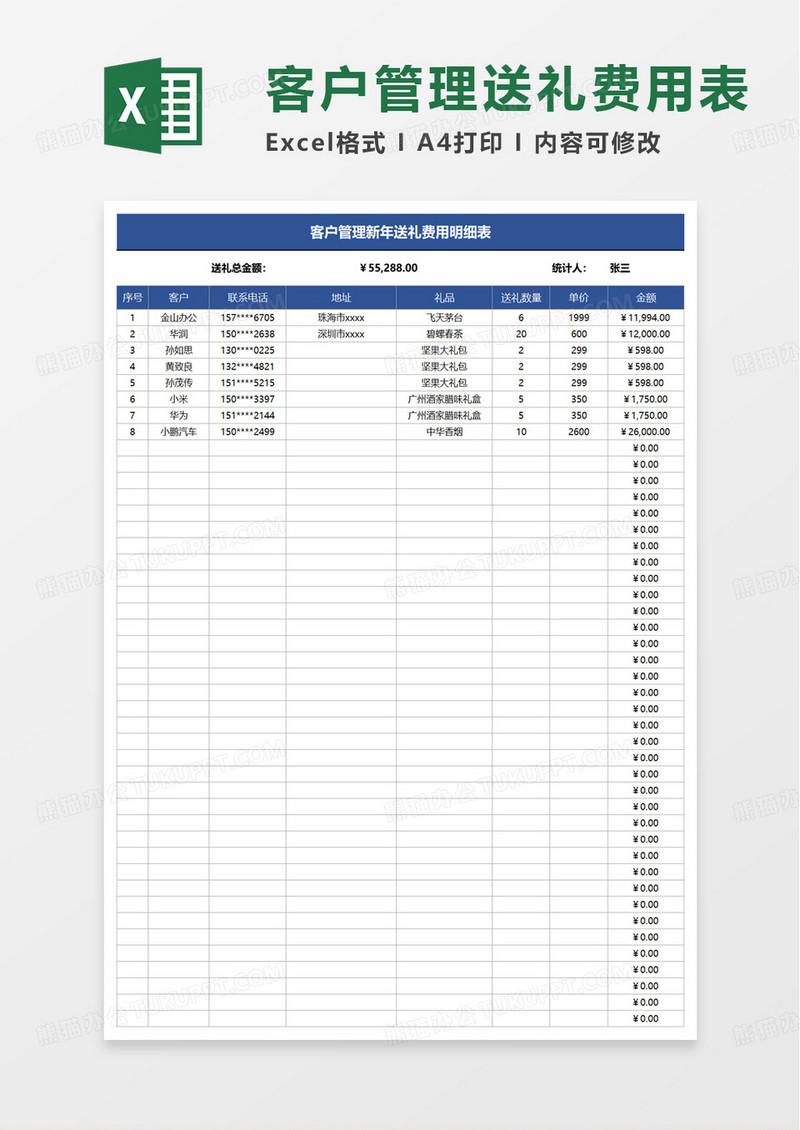 客户管理新年送礼费用明细表excel模板