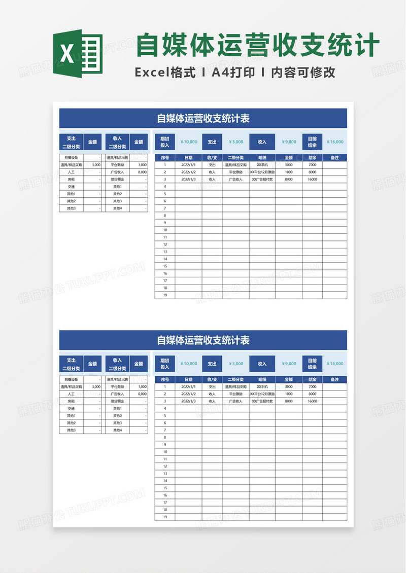 自媒体运营收支统计excel模板