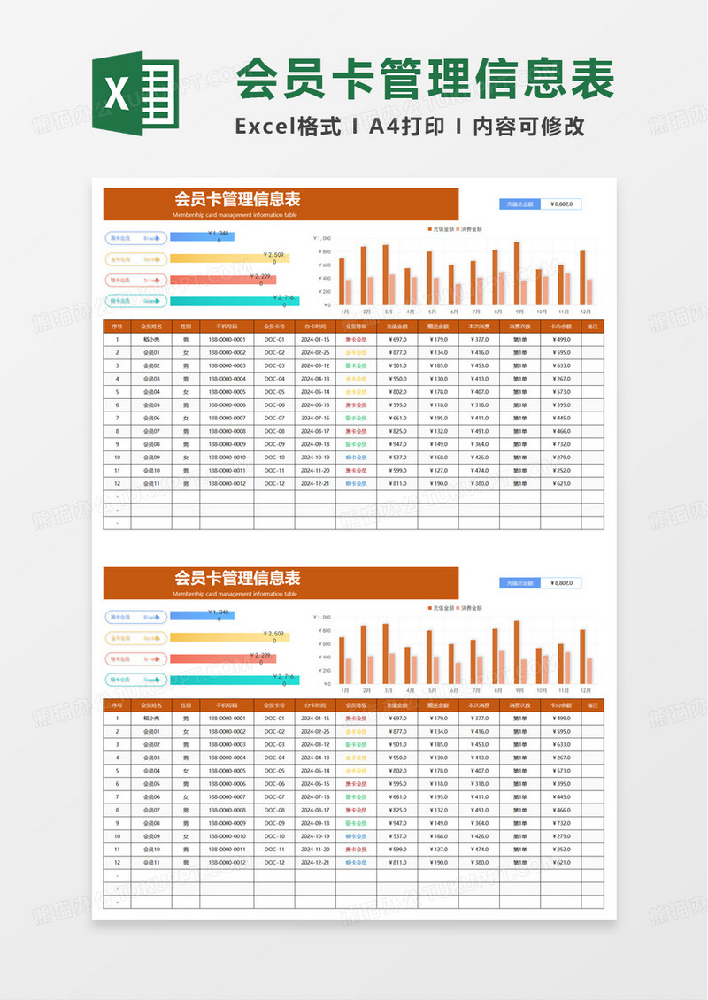 会员卡管理信息表excel模板