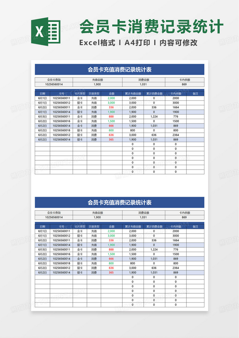会员卡充值消费记录统计表excel模板