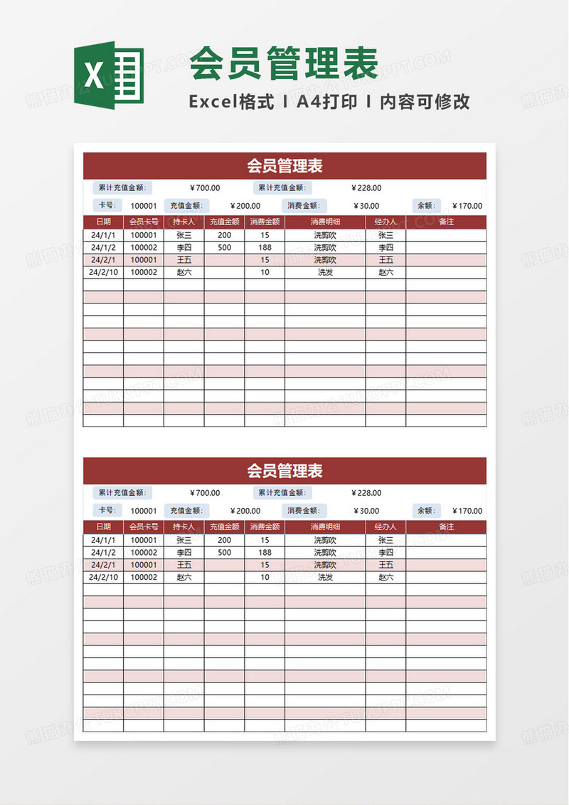 简洁会员管理表excel模板
