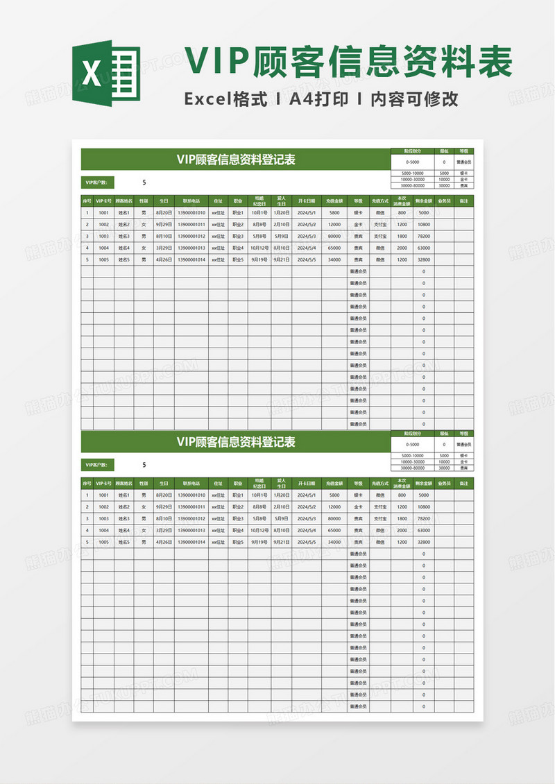 VIP顾客信息资料登记表excel模板