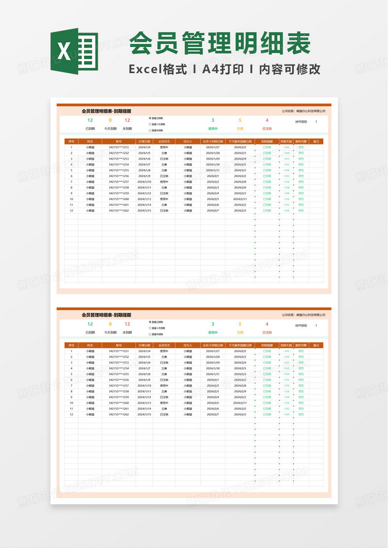 会员管理明细表excel模板