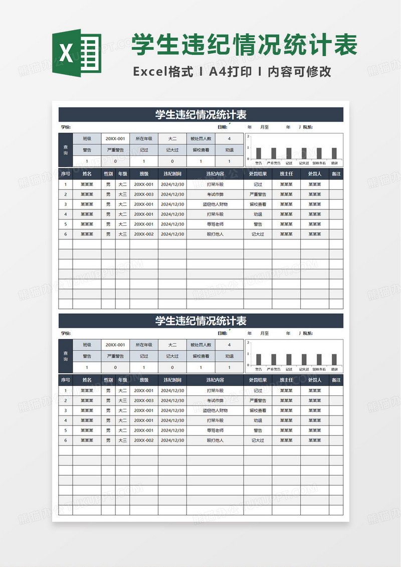 简约通用学生违纪情况统计表excel模板