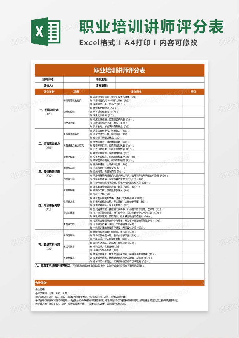 培训讲师评分表excel模板
