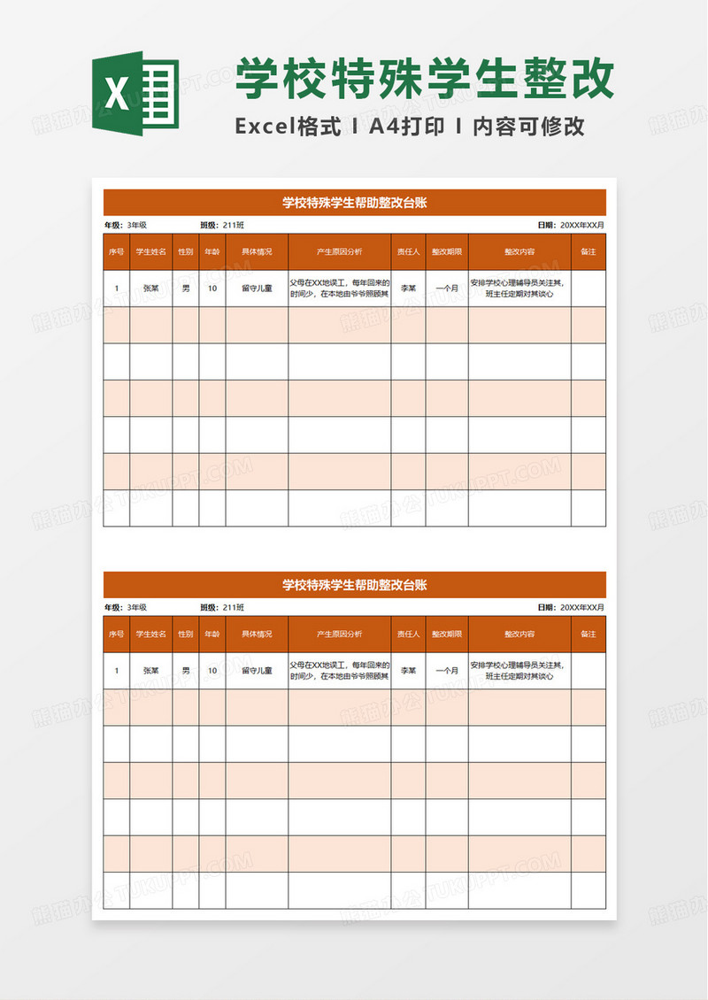 学校特殊学生帮助整改台账excel模板