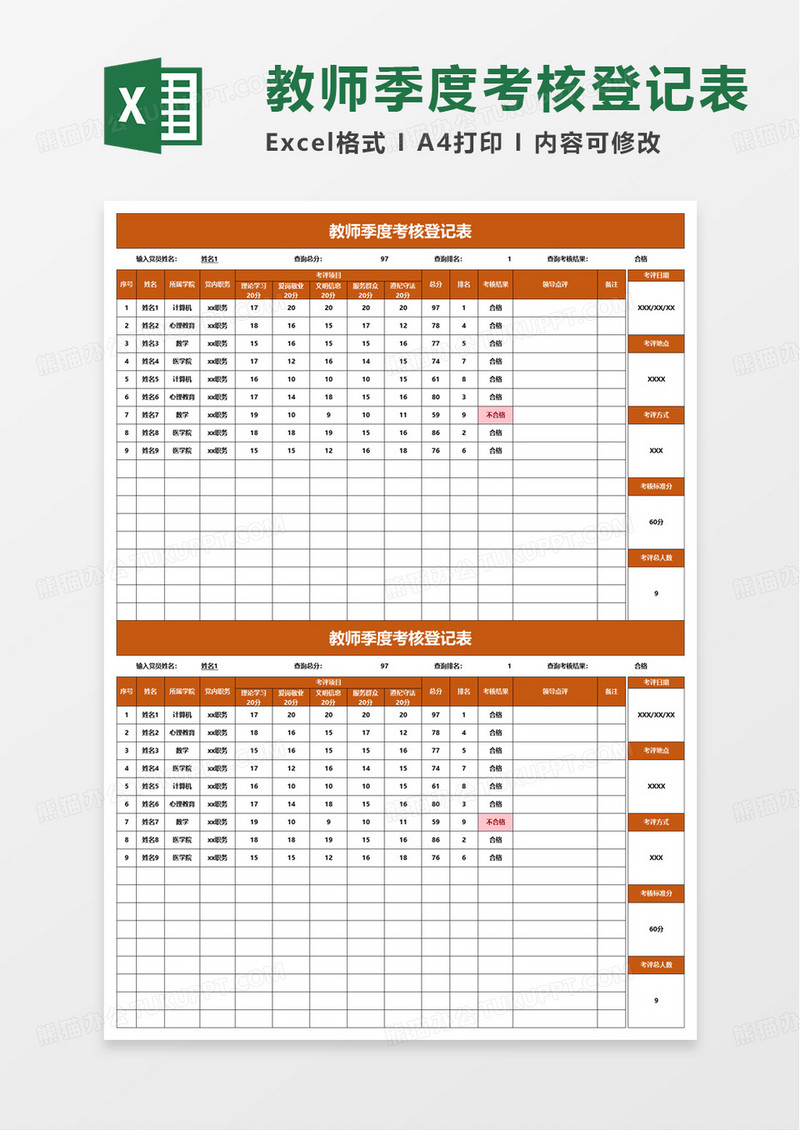教师季度考评登记表excel模板