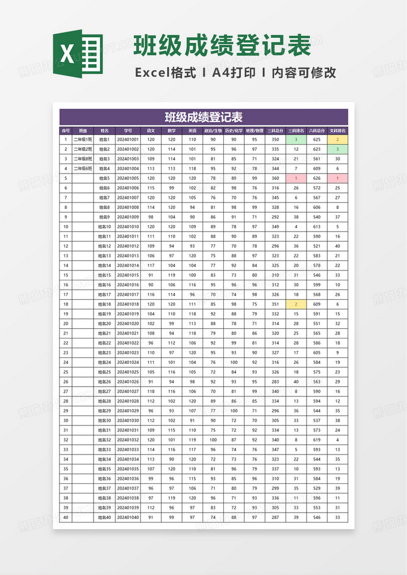 班级成绩登记表excel模板