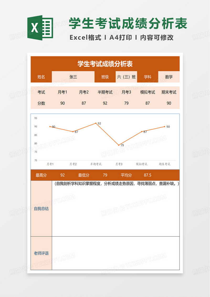 简约通用学生成绩分析表excel模板
