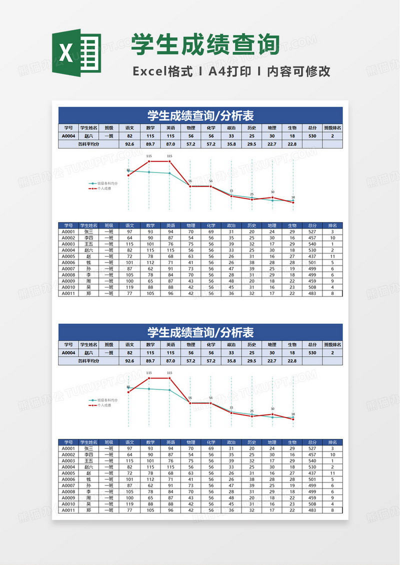 学生成绩查询分析表excel模板