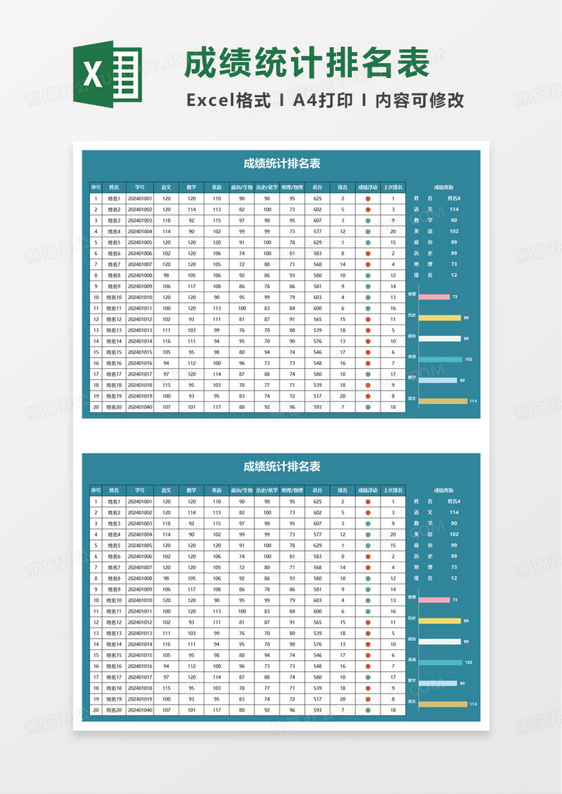 成绩统计排名表excel模板