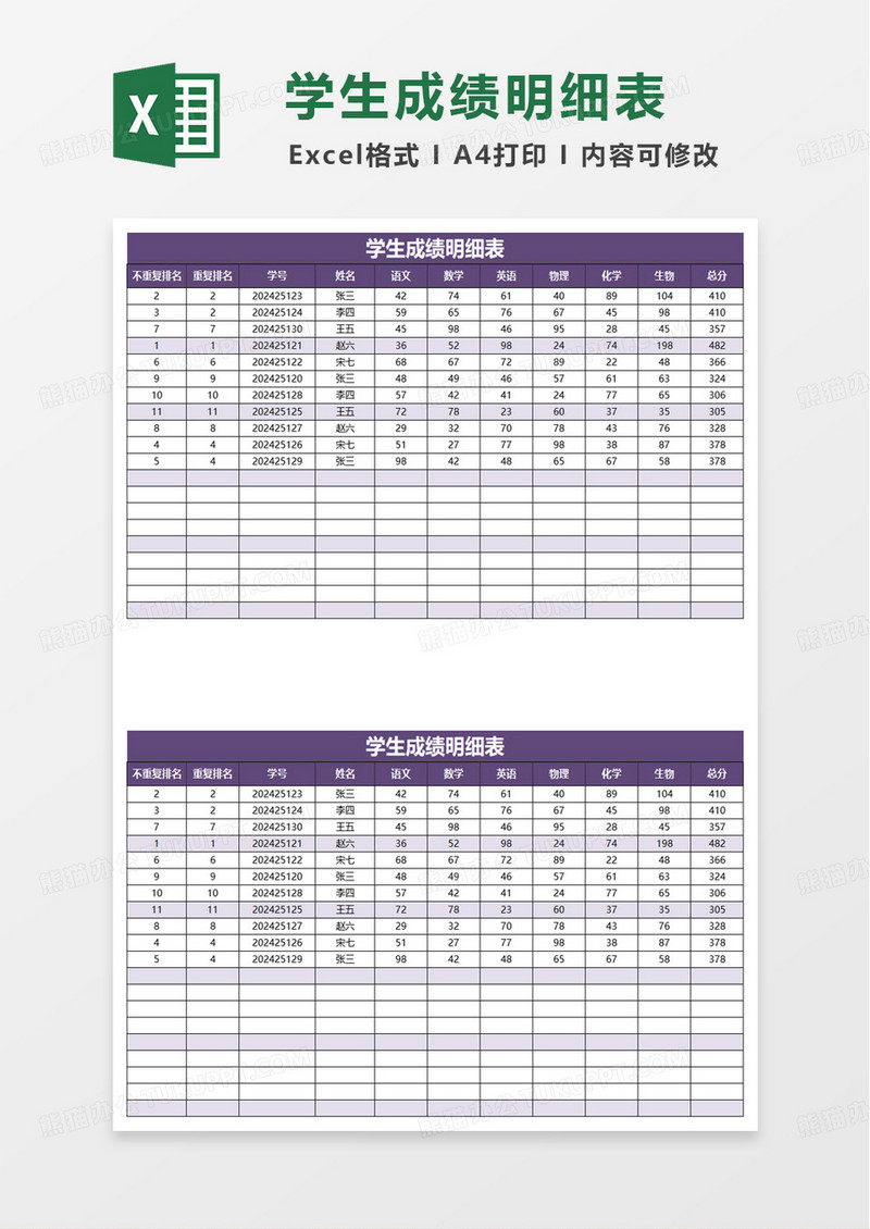 学生成绩排名excel模板