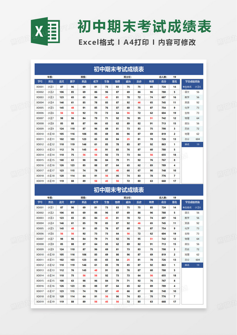 初中期末考试成绩表excel模板