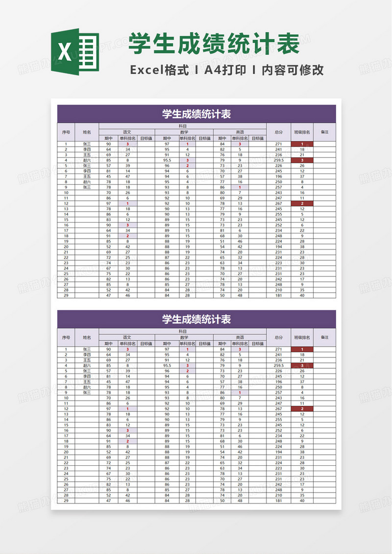 紫色简洁学生成绩统计表excel模板