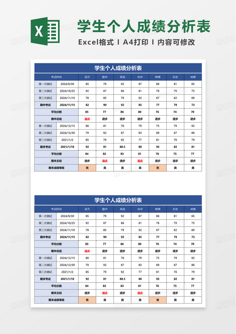 蓝色学生个人成绩分析表excel模板