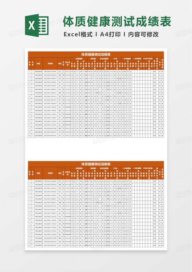 橙色体质健康测试成绩表excel模板