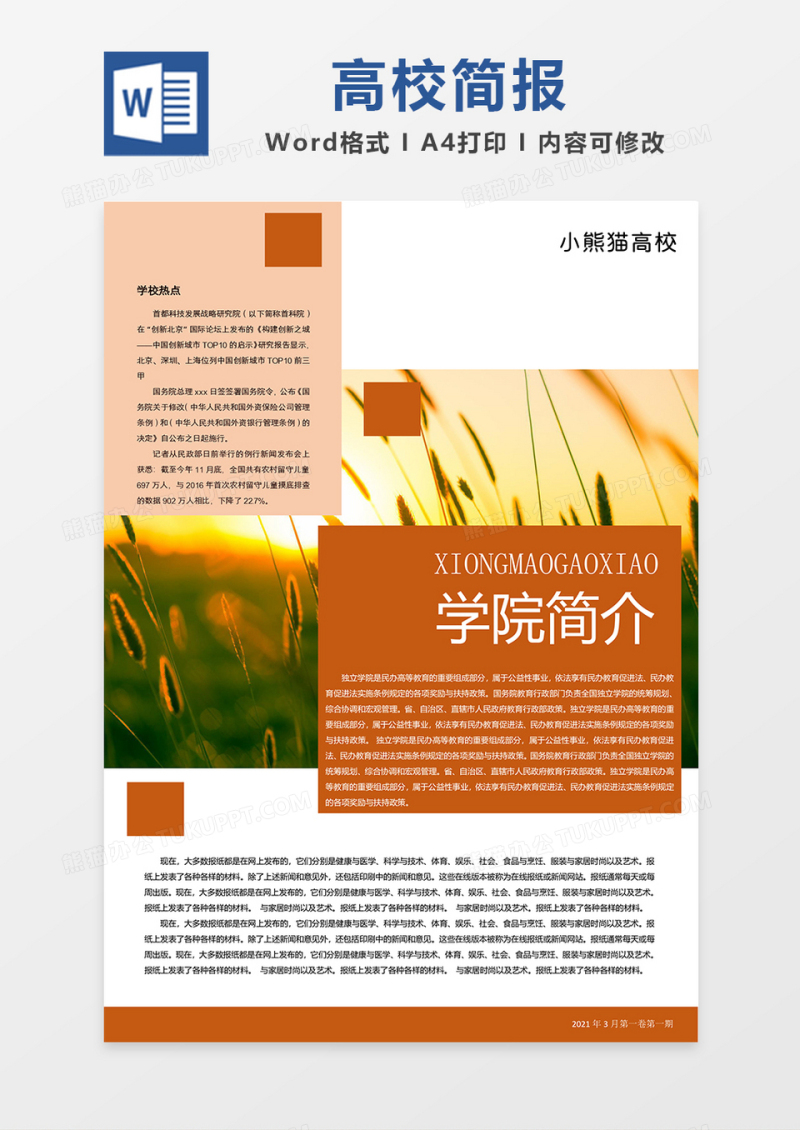 高校简约橙色简报word模板