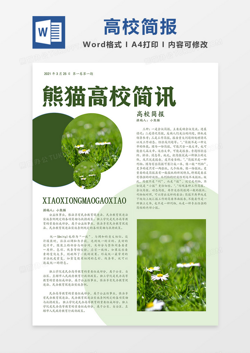 高校资讯排版简报绿色简约word模板