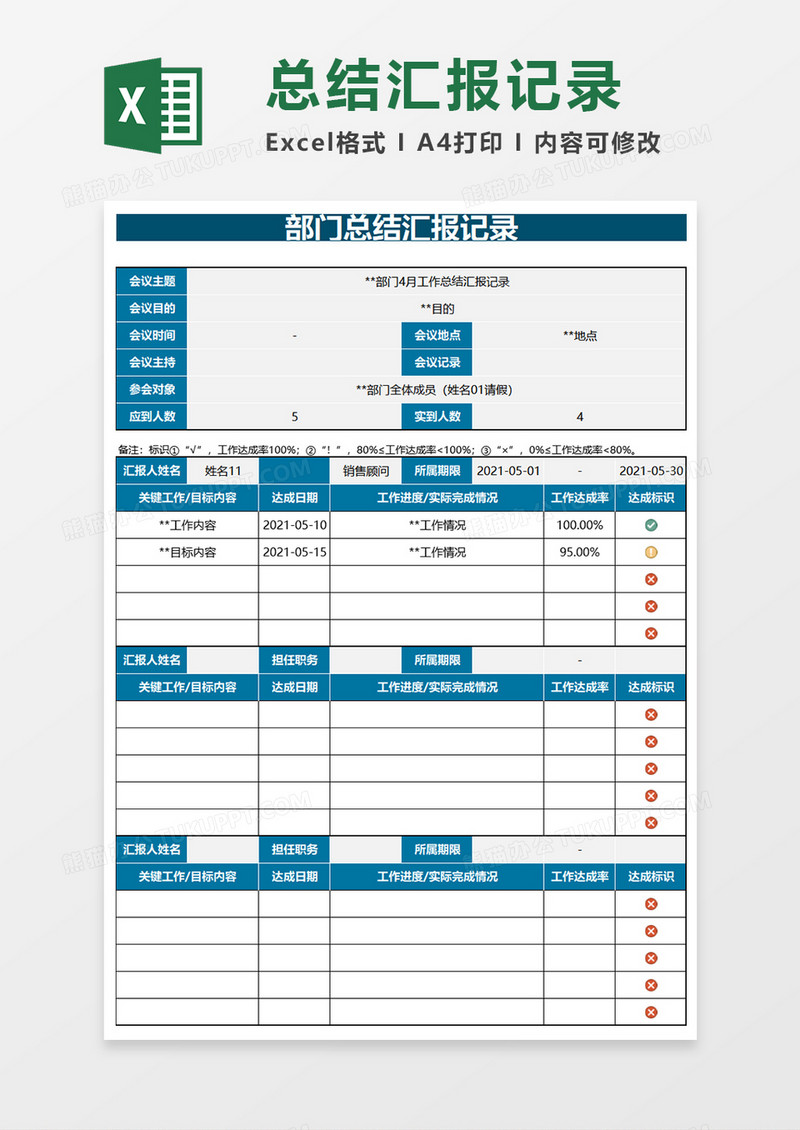 部门总结汇报记录Excel模板