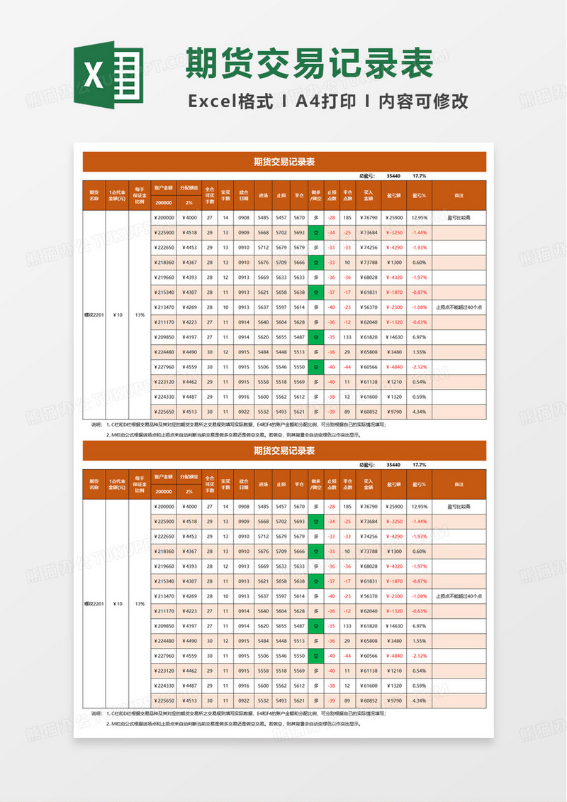 简约期货交易记录表excel模板
