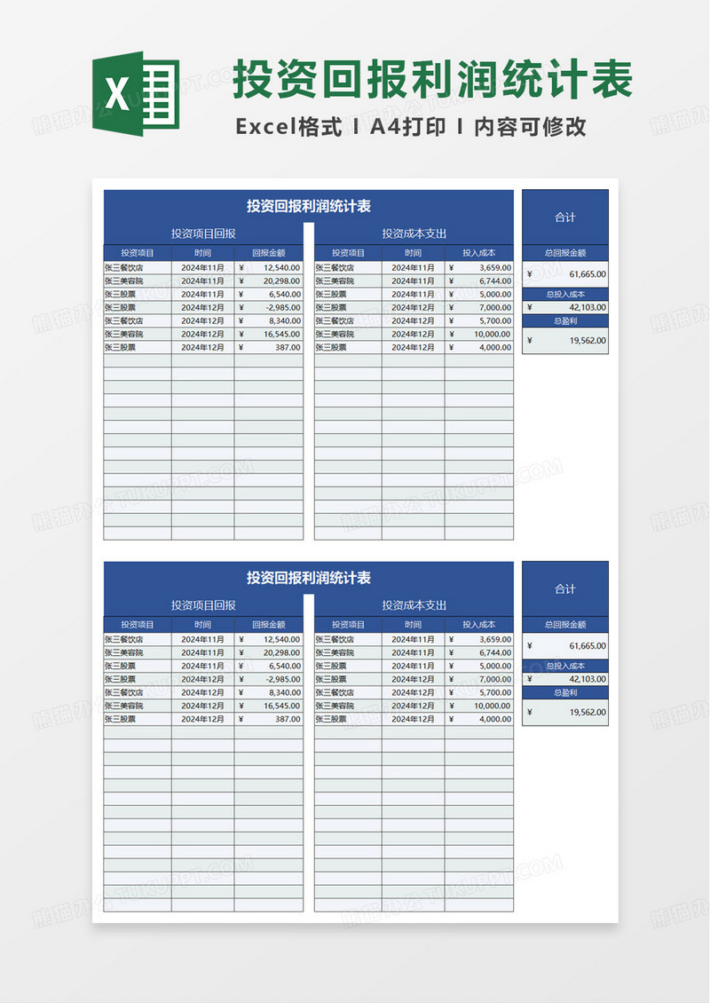 投资回报利润统计表excel模板
