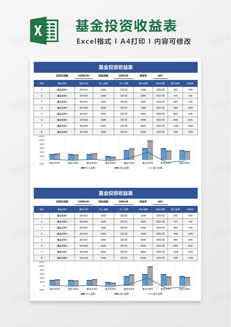 简洁基金投资收益表excel模板