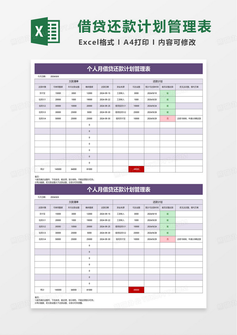 个人月借贷还款计划管理表excel模板