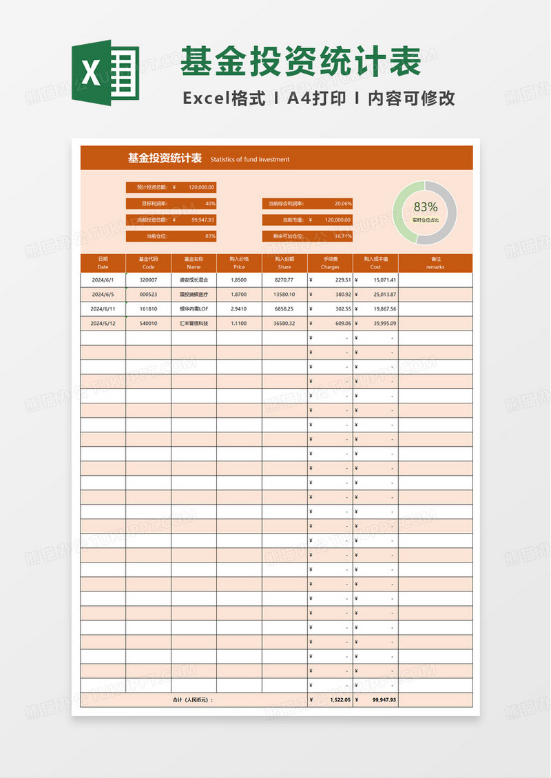 自动分析基金投资记录表excel模板