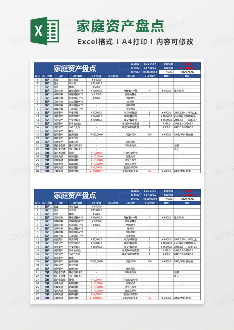 家庭理财资产盘点excel模板