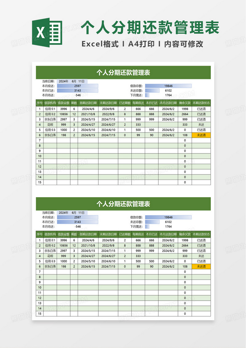 个人理财分期还款计划管理表excel模板