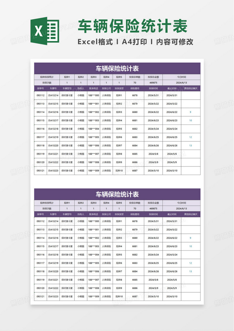 简洁通用车辆保险统计表excel模板
