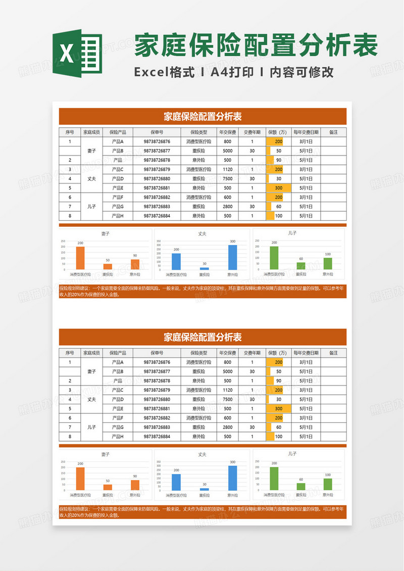 家庭保险配置分析表excel模板